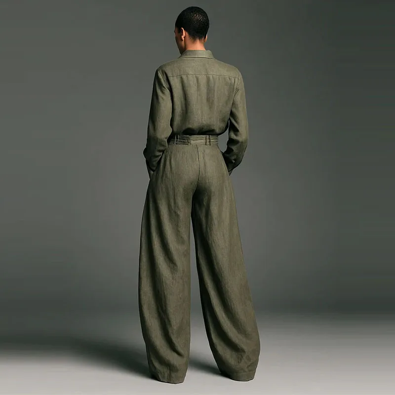 

Fashion Lapel Button Tops & Wide Legger Pant Suits Vintgae Autumn Shirt Outfits Women Casual Pocket Long Sleeve Solid Color Set