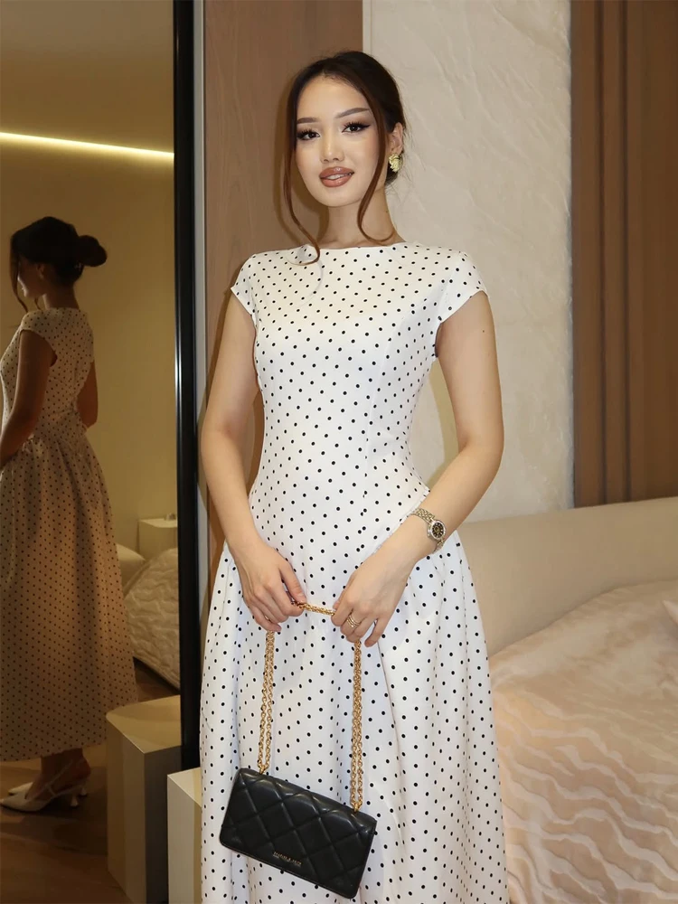 

Elegant White Polka Dot Maxi Dresses Women Commute Ruffle Round Neck Sleeveless Slim A-line Dress 2026 Holiday Street Chic Robe