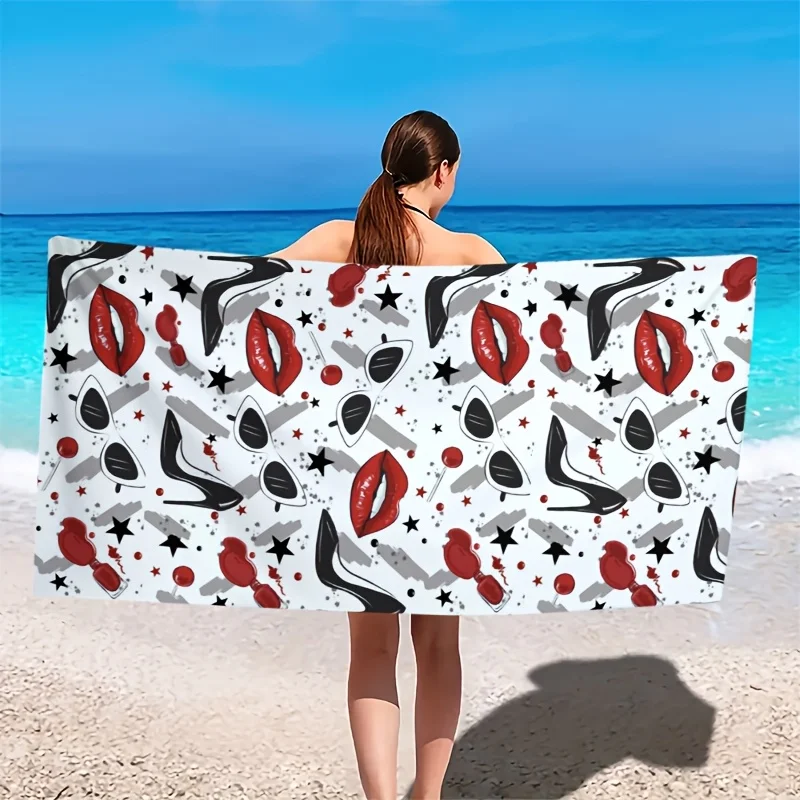 Red lip high heels and sunglasses polyester microfiber beach towel is highly absorbent, suitable for swimming and beach outings