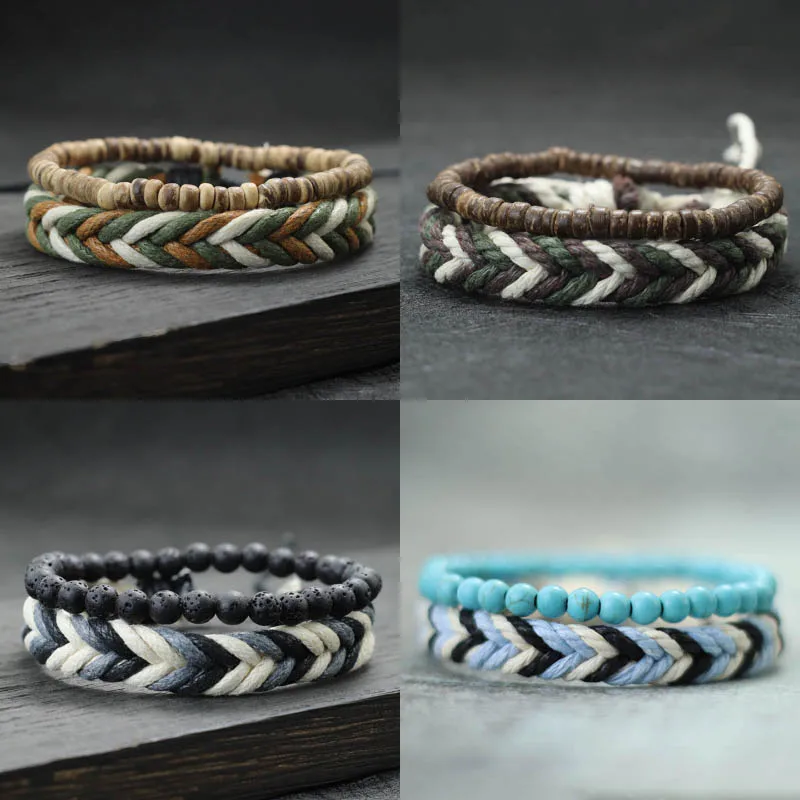 Fashionable 2Pcs Men Bracelet Set Coconut Husk Beads Braslet Lava Tiger Eyes Turquoises Stone Healing Braclet Bileklik Erkek