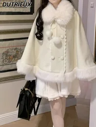 Sweet Gentle Autumn and Winter New Fur Collar Cape Short Jacket Milk White Lace Thickened Loose Woolen Coat Cloak for Women