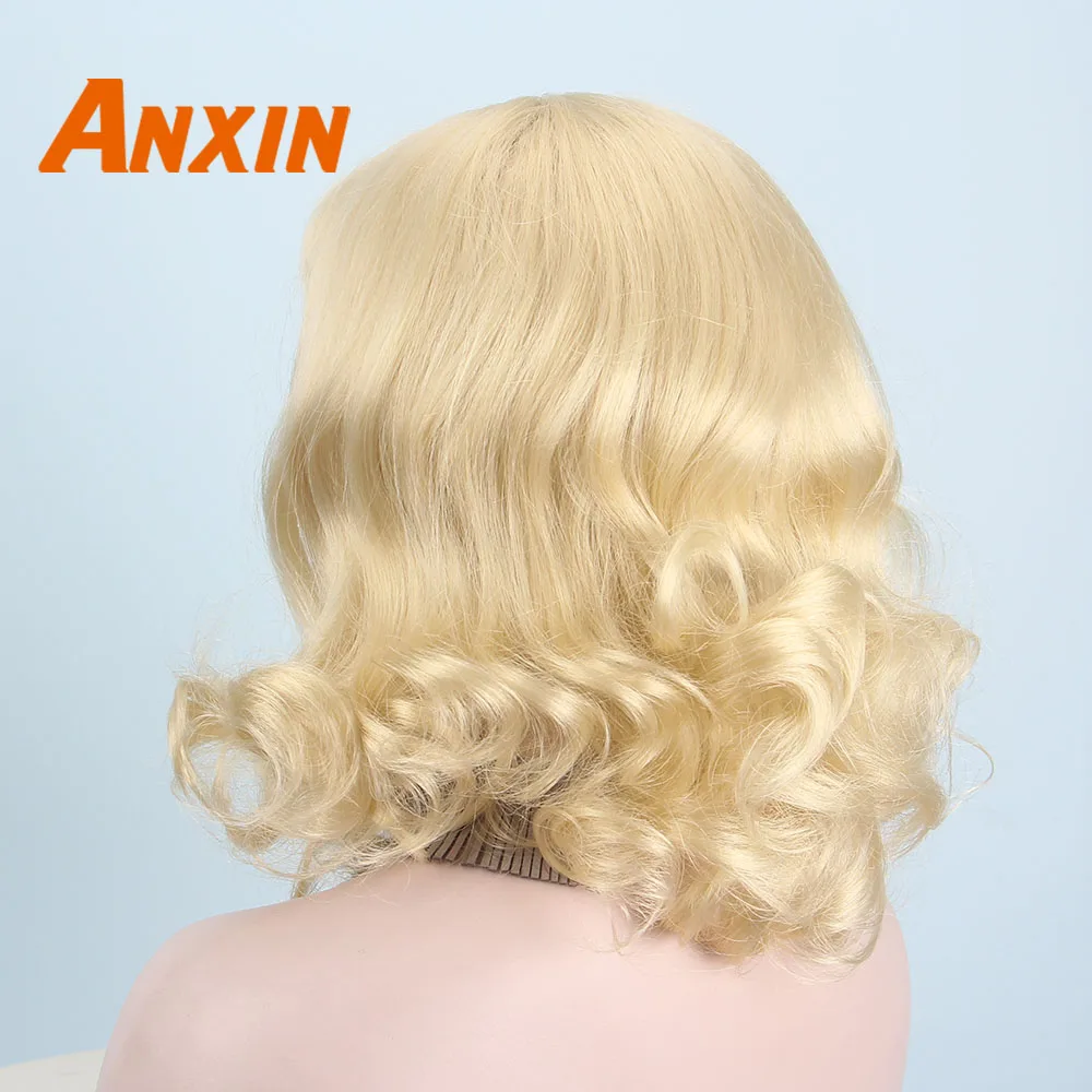 Anxin Blonde Wigs for Black Women Short Culry Hair Bangs Cosplay Festival Widow Movie Singer Theme Party Anime Synthetic Wigs