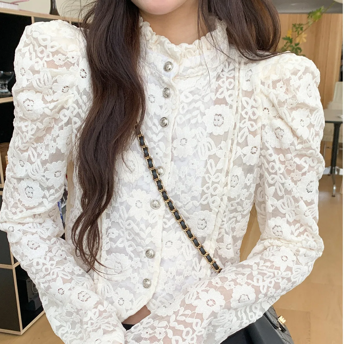 Chique Herfst Winter Kant irt Bubble Sve uitgehold Lange Sve Opstaande Kraag Holle Haak Bloem Basis Top Franse Sle Dames...