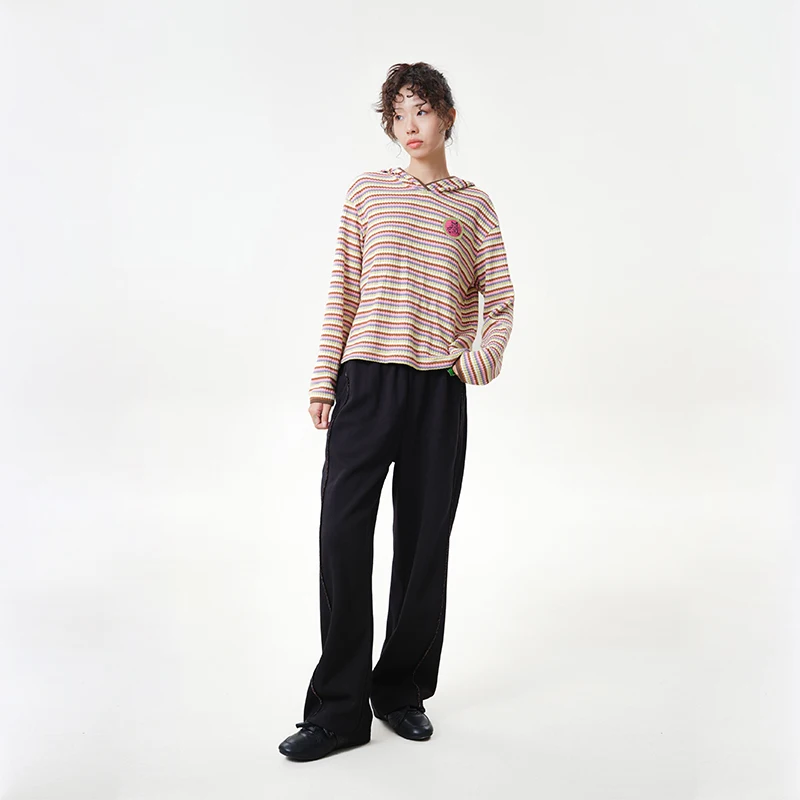 MOVEUP Elastic Waist Casual Straight‑Leg Trousers 2026 Autumn Side Pipes Decorative Tape Pocket Solid Loose Pants 3ELQ10105