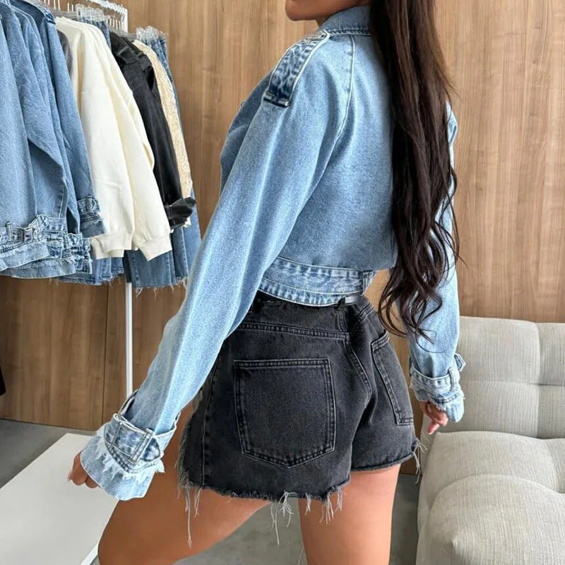 

Fashion Lapel Long Sleeve Denim Jacket Hot Girl Slim Commute Short Coat Autumn New Women Solid Color Lace Up Button Outerwea