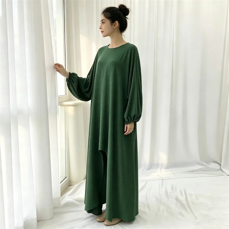 2 Piece Muslim Set Women Long Top Wide Leg Pant Modest Abaya Dress Outfits Dubai Kaftan Islam Clothing Femme Musulmane Ensembles