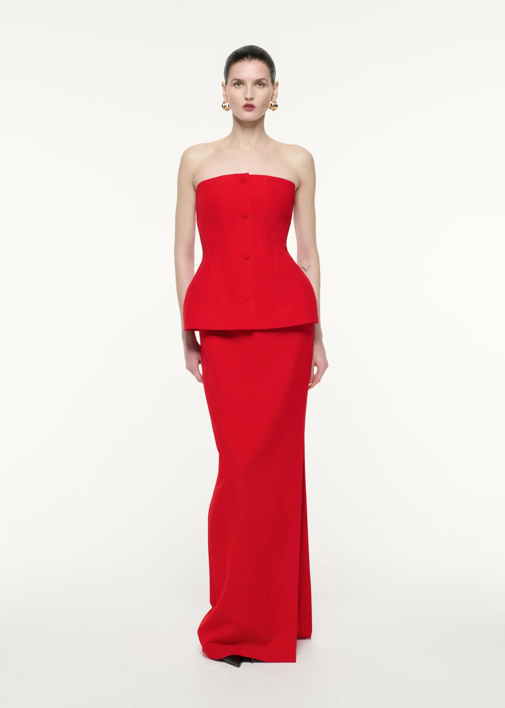 Customized Delicate Jersey Straight Buttons Evening Dress Strapless Zipper Back Sleeveless Floor Length Sweep Train Red Sexy