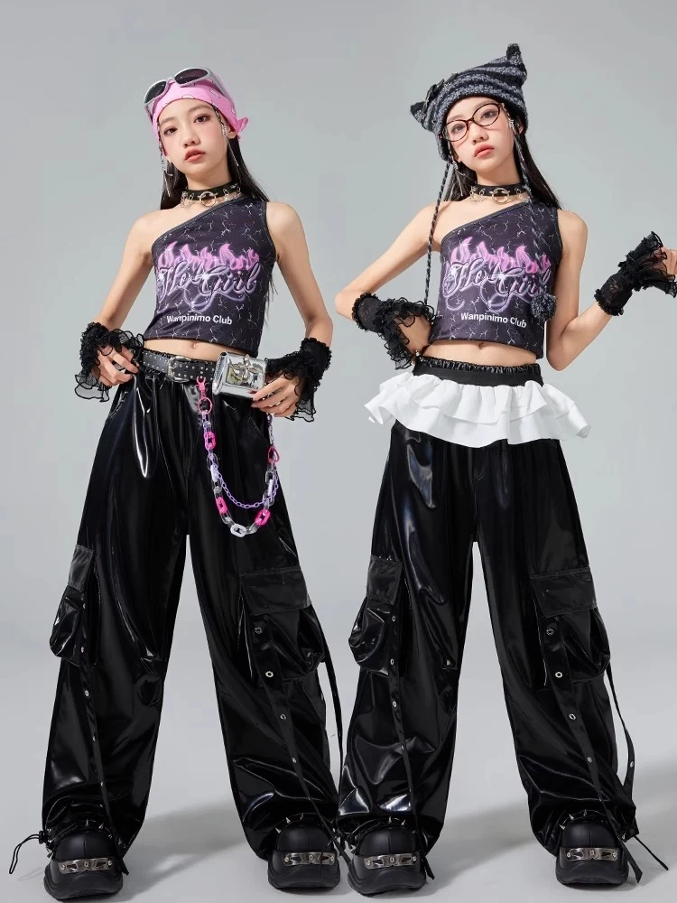 Kpop Jazz Dance Kleidung Hip Hop Kinder Leistung Anzug Sommer Nabel Tops Leder Hosen Mode Laufsteg Zeigen Straße Tragen BL16626
