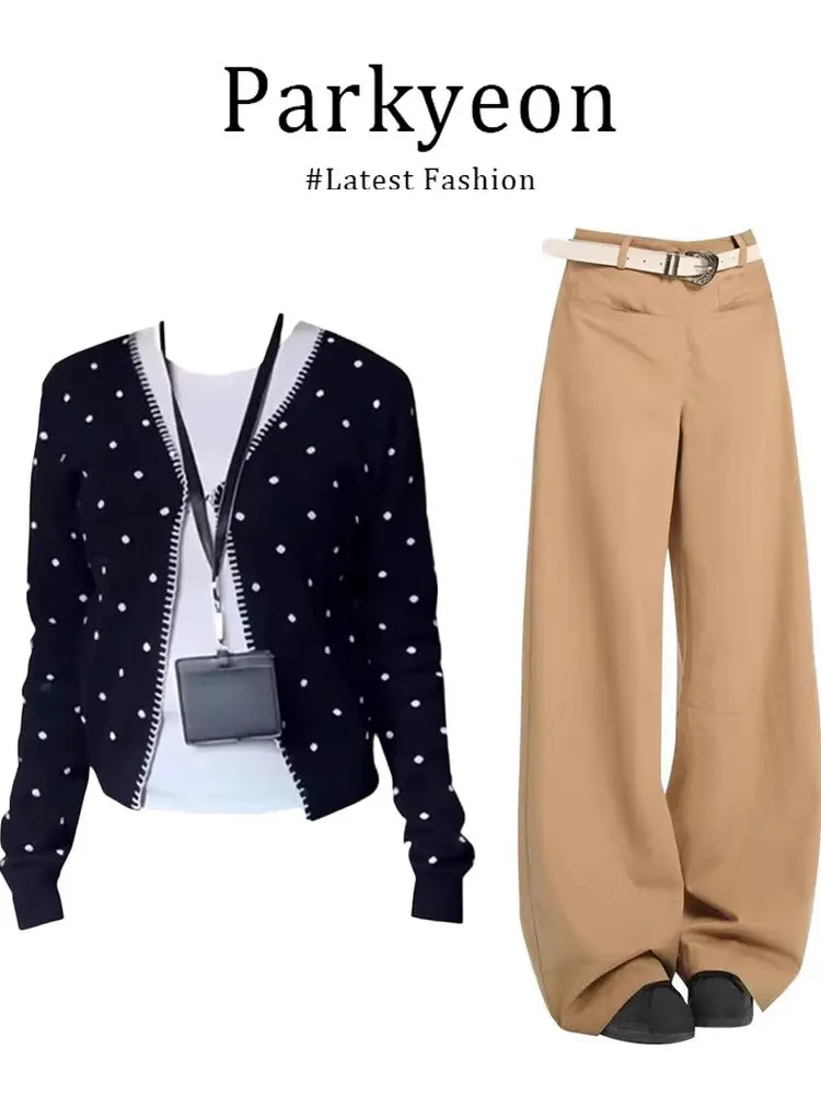 

Parkyeon Knitted Casual Cardigan Inner Wear Top Workwear Loose Pants Fashion Three-piece Set Women's Autumn Season Style