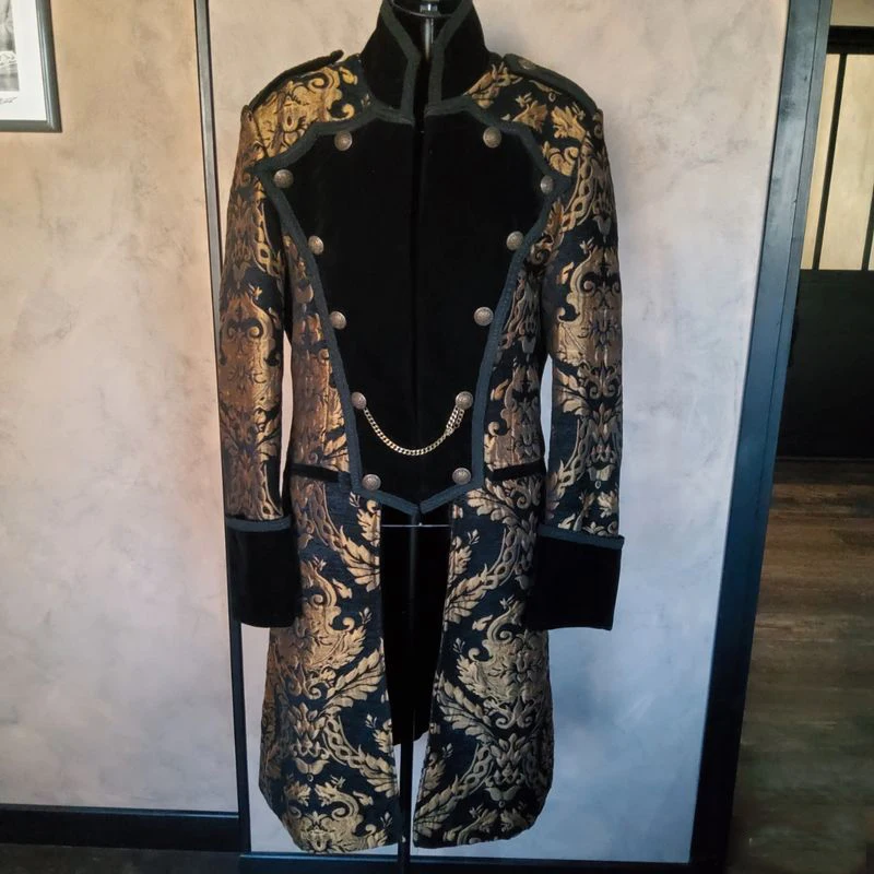 

Custom Made Gothic Medieval Steampunk Jacket Mens Vintage Brocade Stand Collar Costume Floral Jacquard Trench Coat