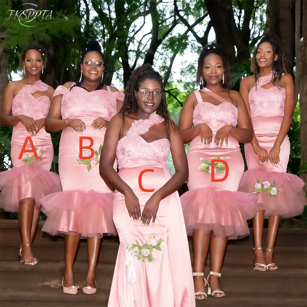 4 Styles Short Pink Bridesmaid Dresses For Black Women One Shoulder Appliques Satin High Quyality Wedding Guest Gowns Custom Mad