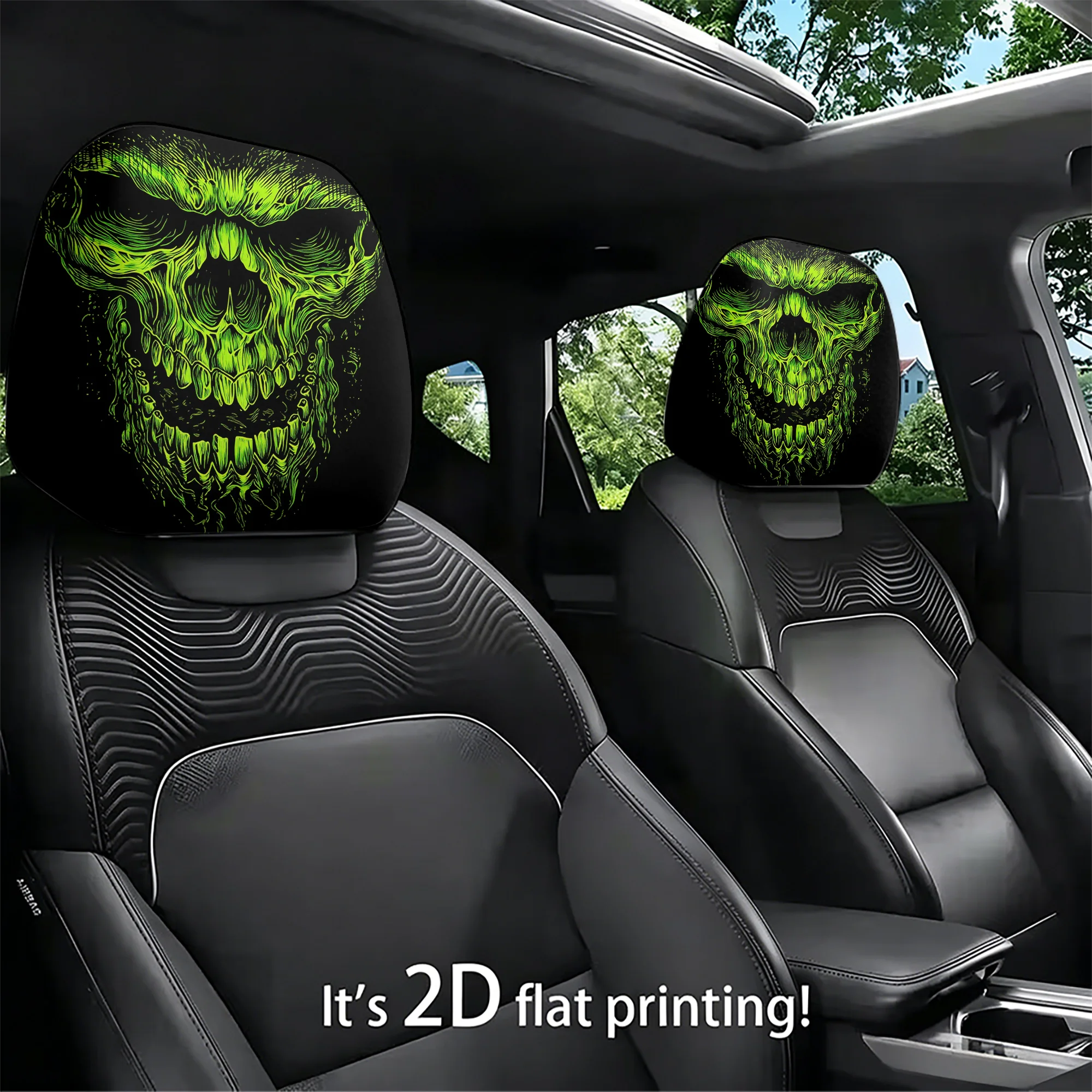 2pcs Neon Green Skull-Patterned Car Headrest Covers, adding an avant-garde style to your car’s interior. Filling not included. E
