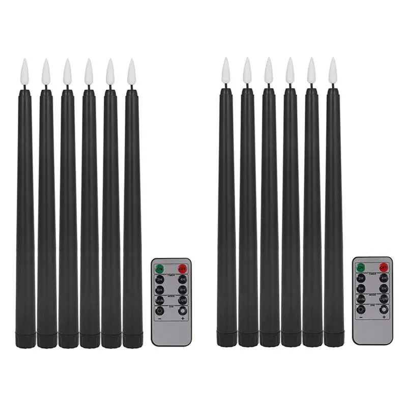 Pack Of 12 Remote Halloween Taper Candles,Black Color Flameless Fake Pillar Candles,Battery Candles With Contain