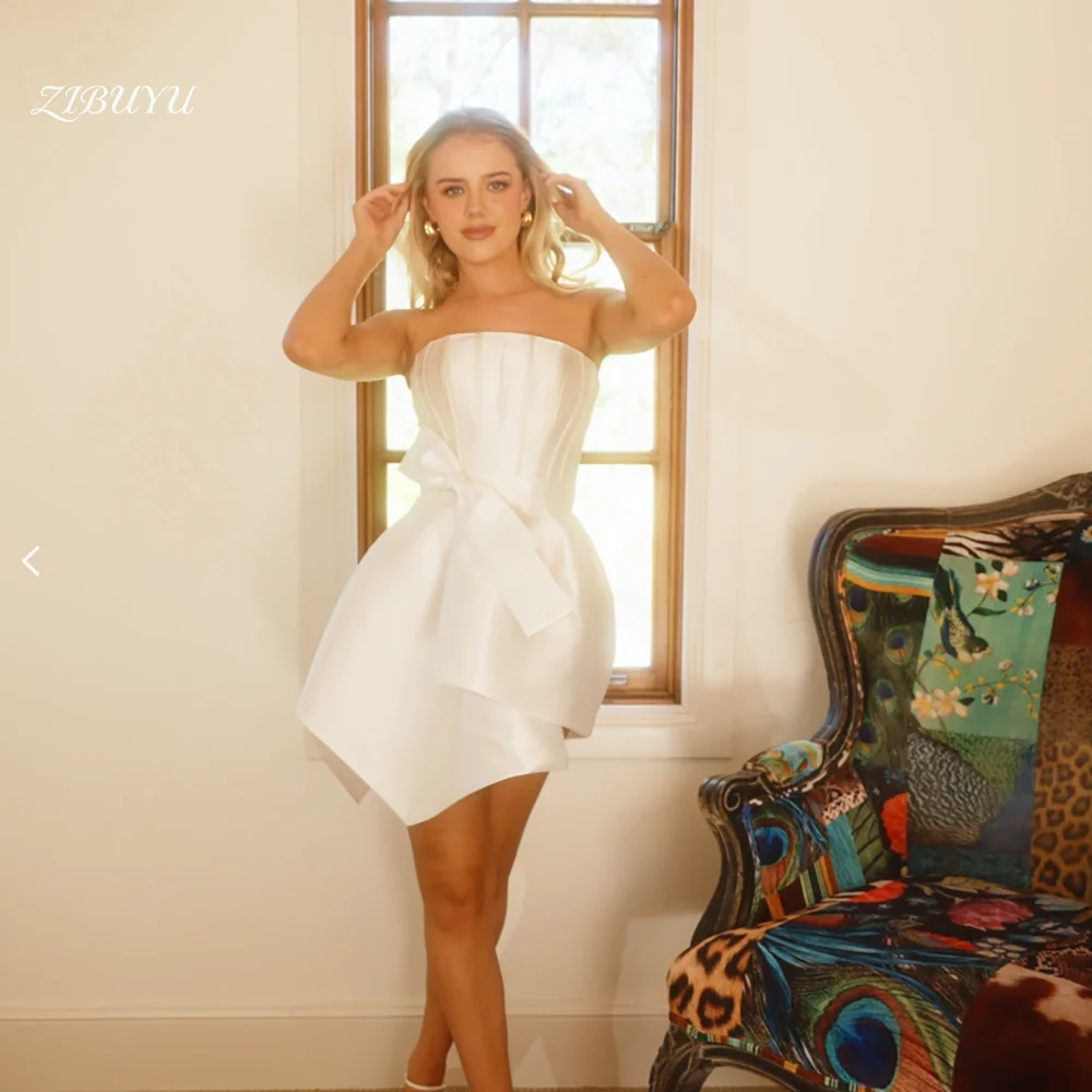 

ZIBUYU Customized Elegant Luxury Mini Wedding Dress Strapless Sweetheart Sleeveless Backless Neck Satin Waist Bow Bridal Gowns