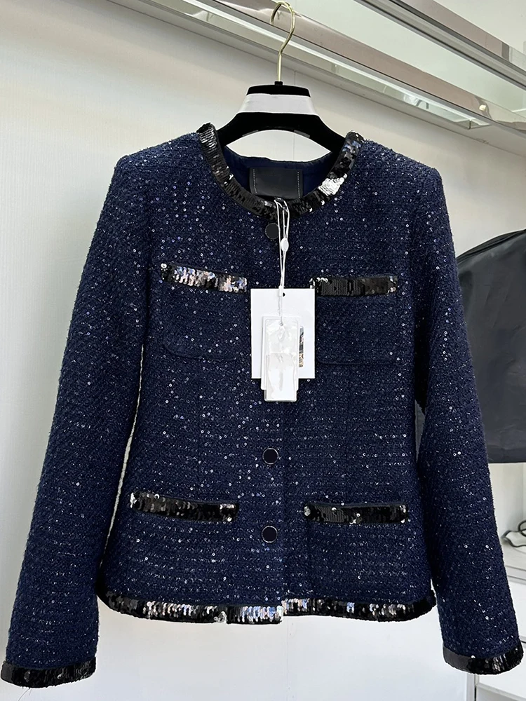 Fashion Designer Autumn Dark Blue Slim Jackets Women's O-Neck Sequins Multi Pocket Long Sleeve Solid Color Jackets