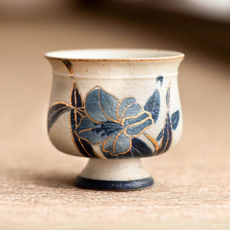 

Blue and White Flint Red Ceramic Teacup Hand-painted Lily High Foot Cup Chinese Kung Fu Teaware Set Master Cups Retro Tea Bowls