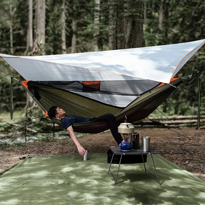 

Bushcraft Hammock with Mosquito Net Quick Deploy Integrated Ridgeline Anti-Roll Outdoor Camping Wilderness Survival Hanging Bed