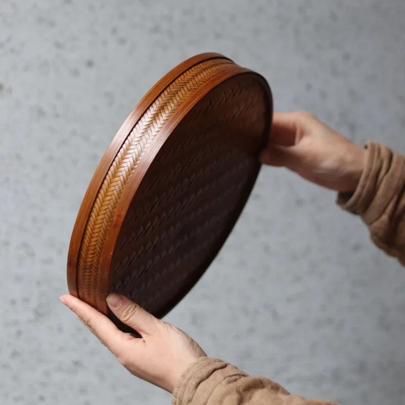 Large lacquer bamboo braided tray round storage basket Chinese tea tray teacup tea tray