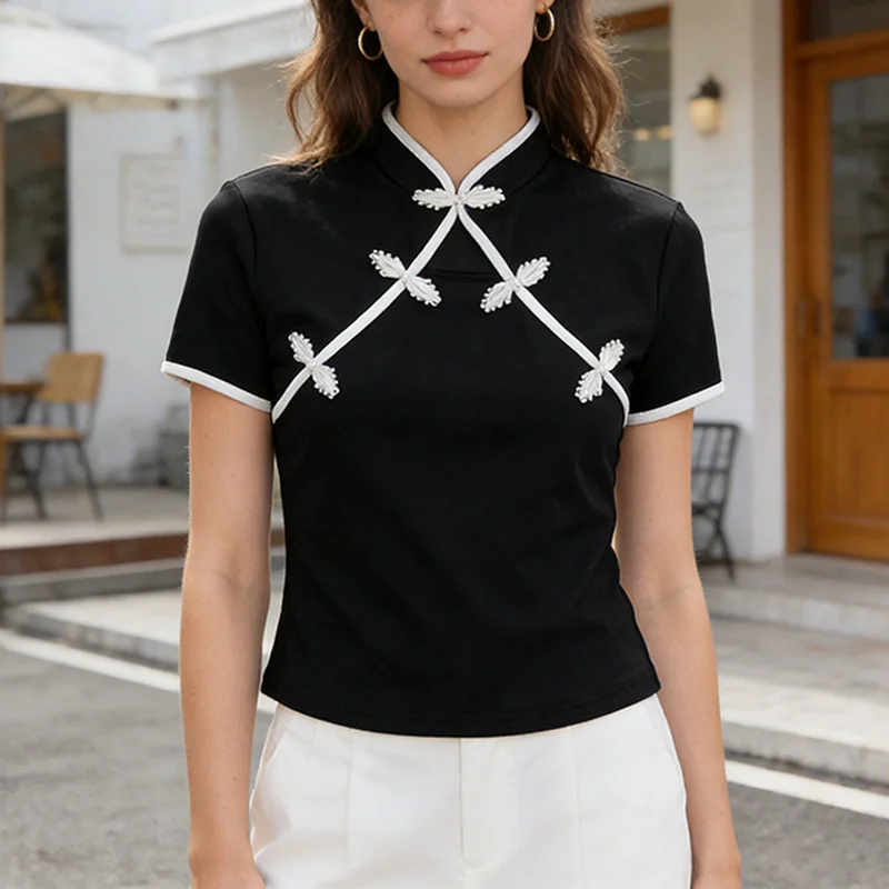 Frühlings-T-Shirt im chinesischen Stil für Damen mit Schnalle, hohem Kragen, schmaler Passform, Taillenbetonung, Cheongsam-Kurzarm im Instagram-Stil