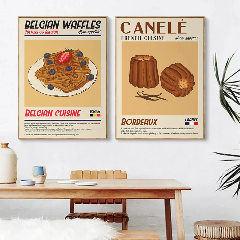 French Food Dessert Cuisine Croissant Mexican Taco Cartoon Poster Canvas Painting Wall Art Pictures Kitchen Bar Home Decor