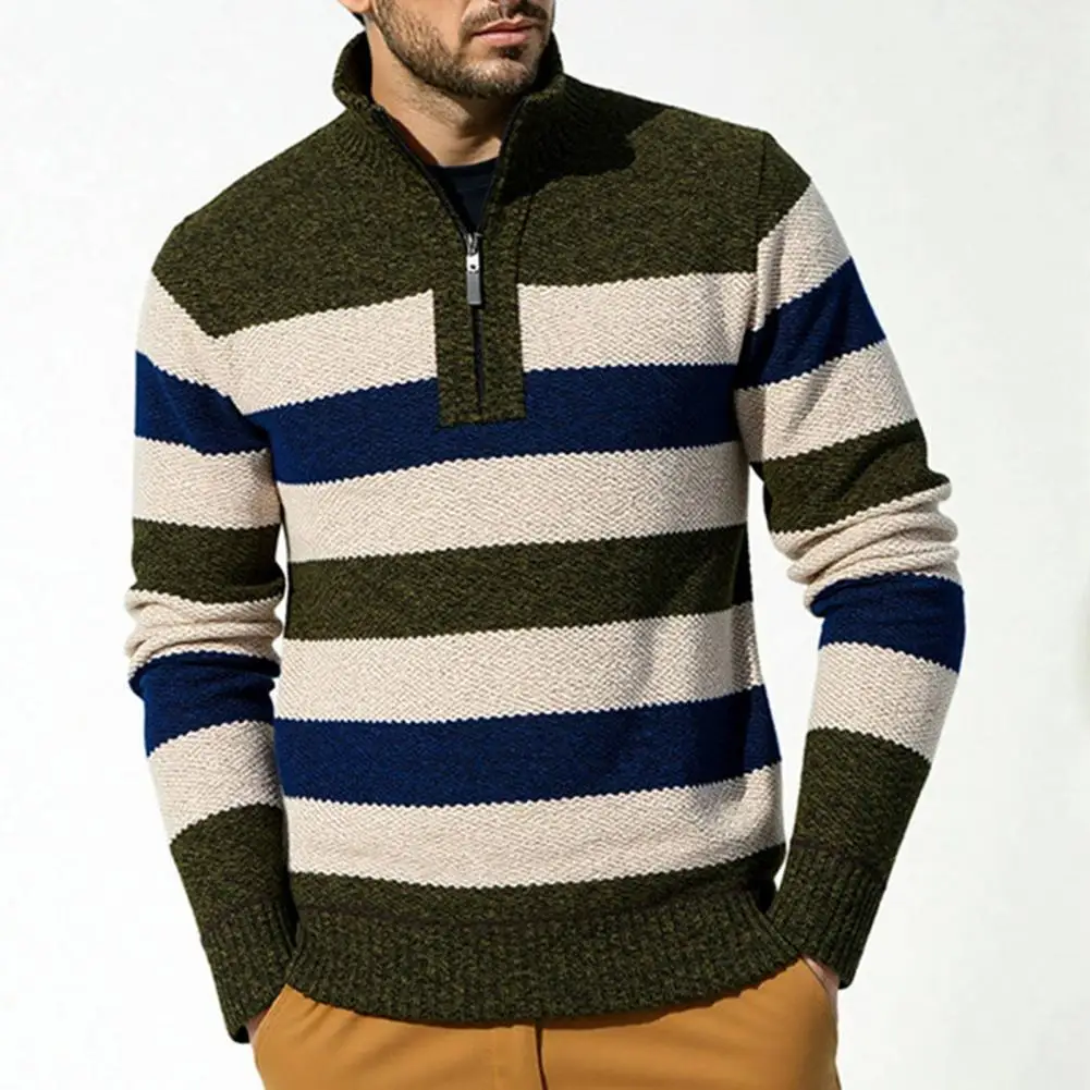 

Long Sleeve Half-zipper Knitwear Stylish Men's Color Block Half-zip Knitted Sweater with Turtleneck Pullover Top for Fall Winter