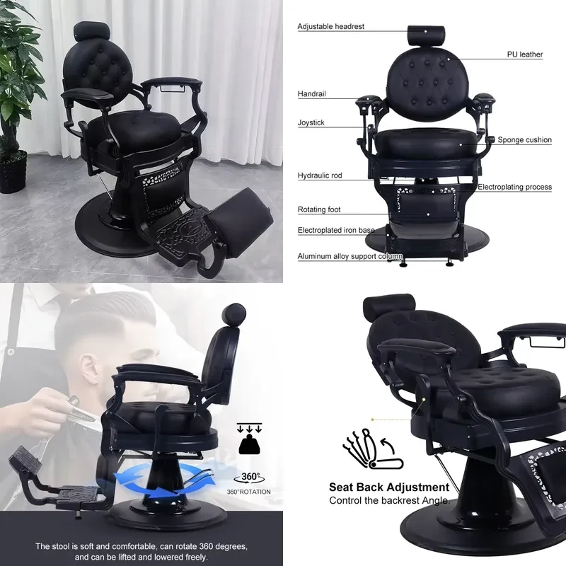 for Professional Heavy Duty Hydraulic  Black Leather Men's Hair Salon Vintage Portable Reclining Chair Premium Barbershop