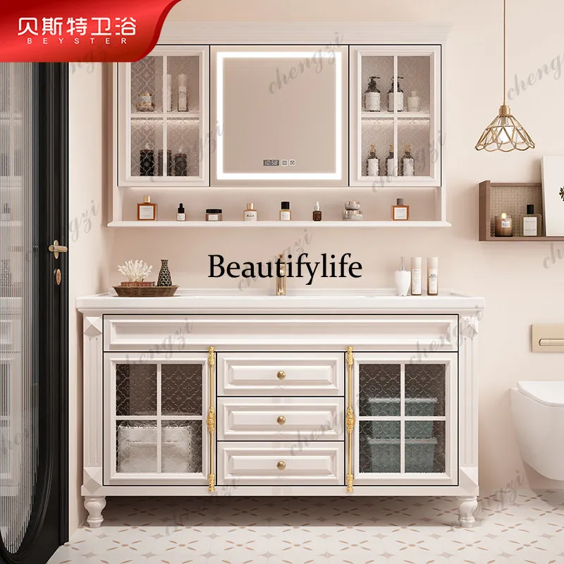 French retro bathroom cabinet combination ceramic integrated basin oak washstand floor-to-ceiling smart