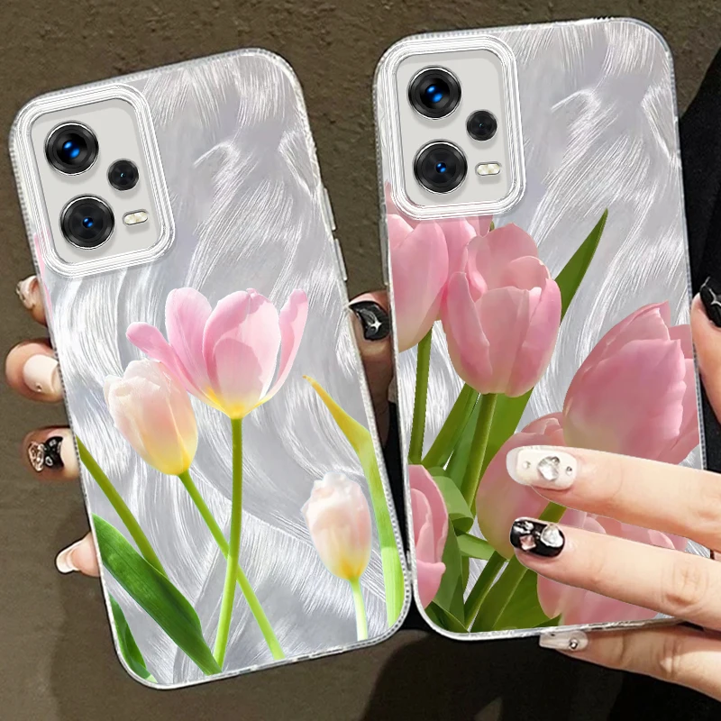 

Tulip Rose Pink Flower Self For Xiaomi Redmi Note 13 12 11 11S 10 10S 9 9S 8 Pro Plus Max 5G Feather Yarn Back Phone Case