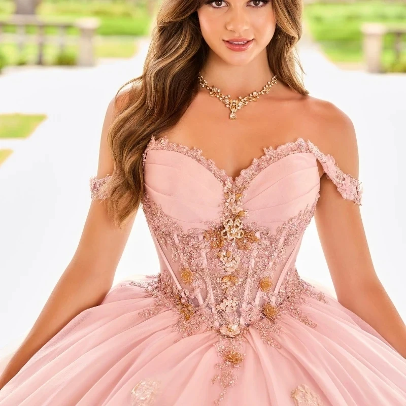 Pink Sweetheart Quincenara Dresses Ball Gown Off the Shoulder Gold Appliques Lace Tull Sweet 15 Vestidos De XV Años