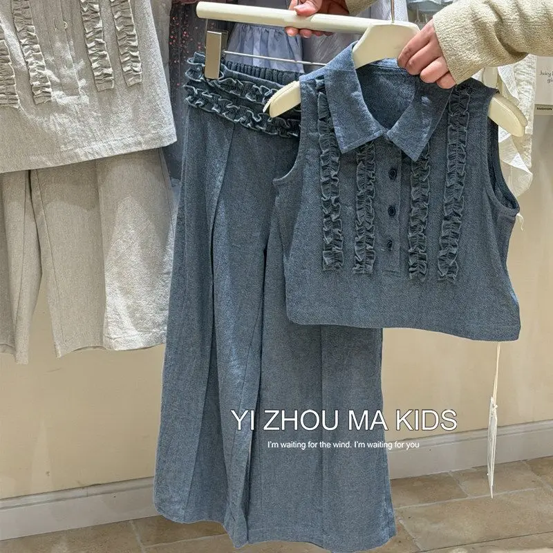Girls Premium Sleeveless Vest Set Spring Summer New Little Girl Korean Stylish Vest Wide Leg Pants Two Piece Set
