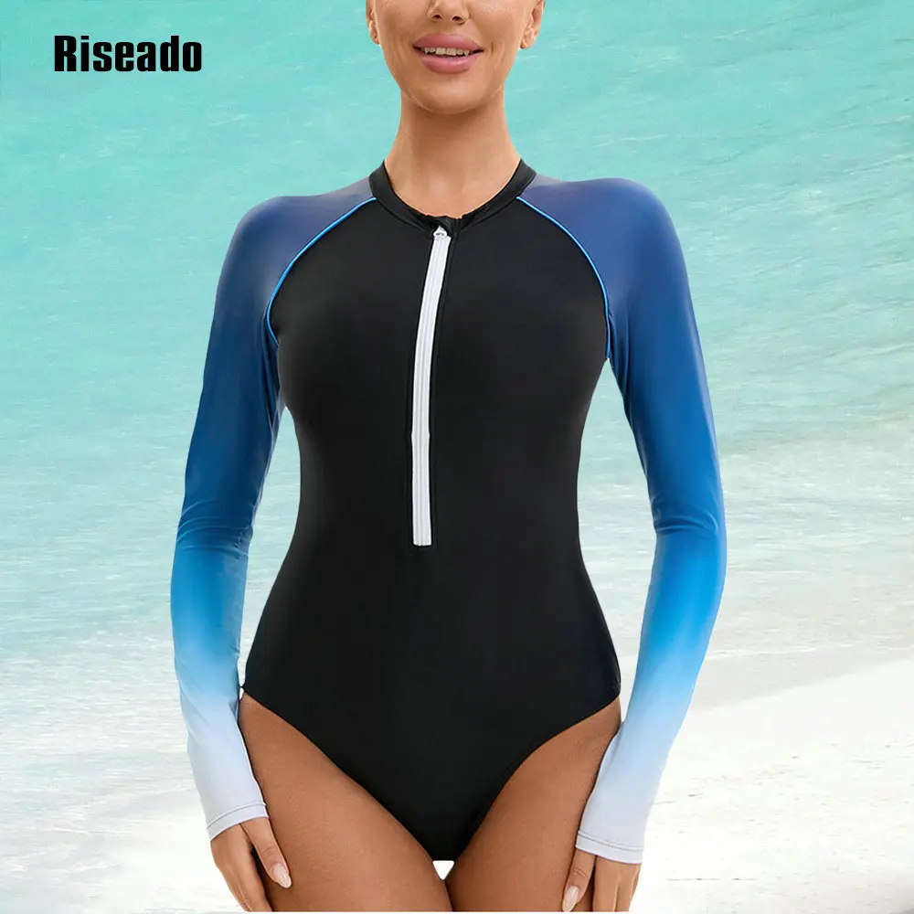 Riseado Women's Long Sleeve Gradient color Rash Guard UV Protection Zipper Printed Surfing One Piece Swimsuit Bathing Suit