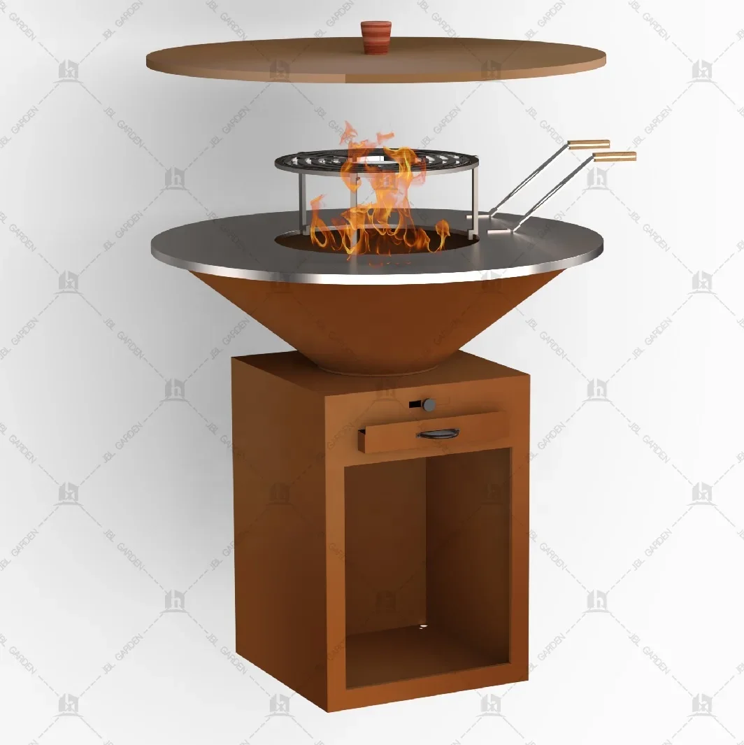 Outdoor family cooking Wood Charcoal Corten metal Fire pit BBQ Grill