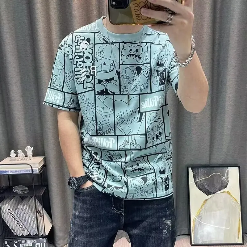 Men's summer cartoon printed t-shirt round neck short sleeve tshirt men's casual tee tops