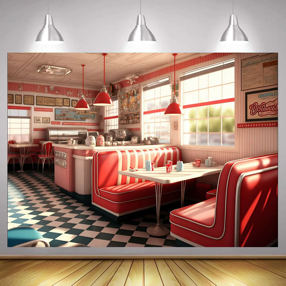 Retro 1950’s diner 50s diner Backdrop Vintage Classic American Fast Food Restaurant Soda Shop 1950s Theme Birthday Party Decor
