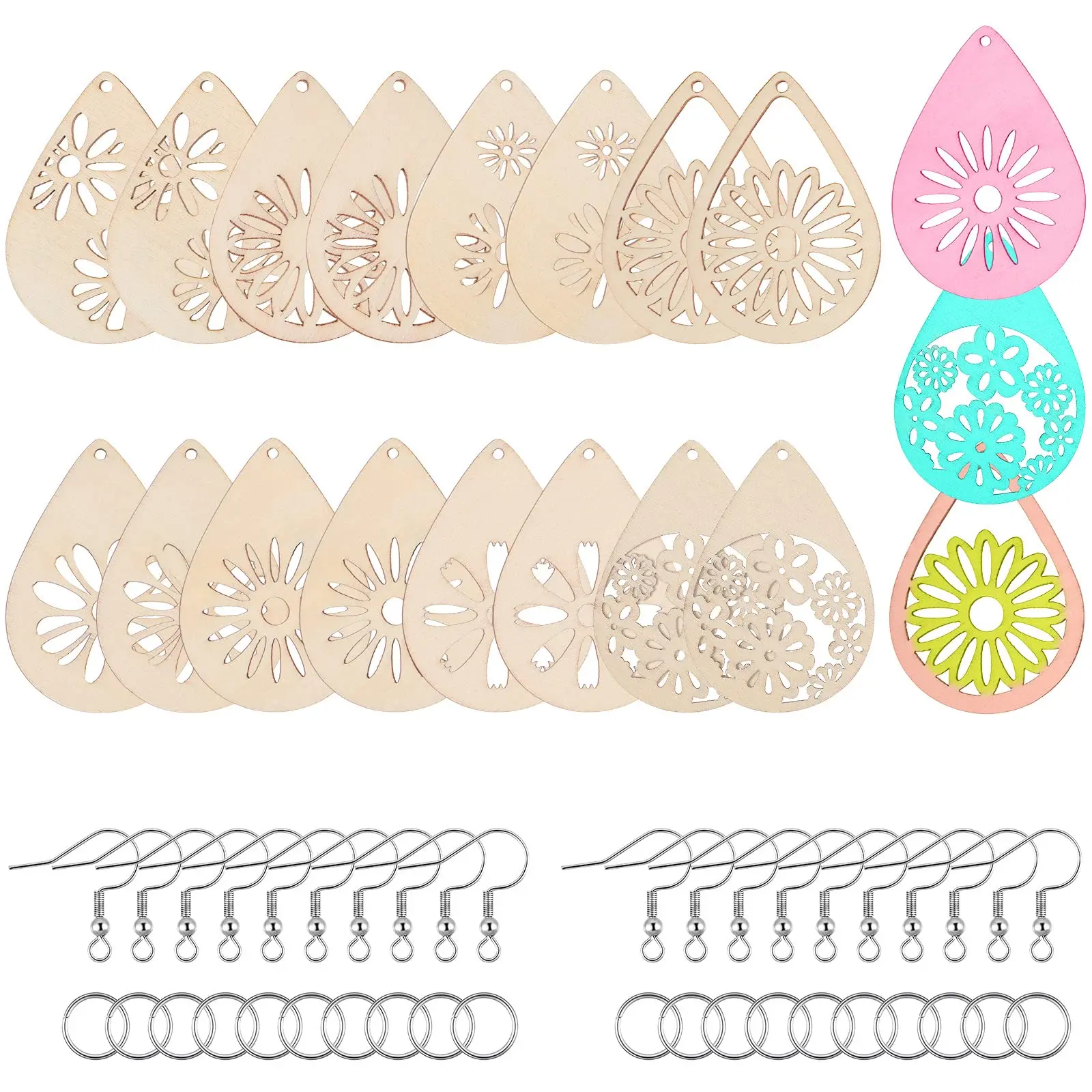 

182Pcs Daisy Wooden Earring Making Kit 32 Wooden Dangle Earring Blank Pendant Wood Charm 100 Jump Ring 50 Earring Hook DIY Craft