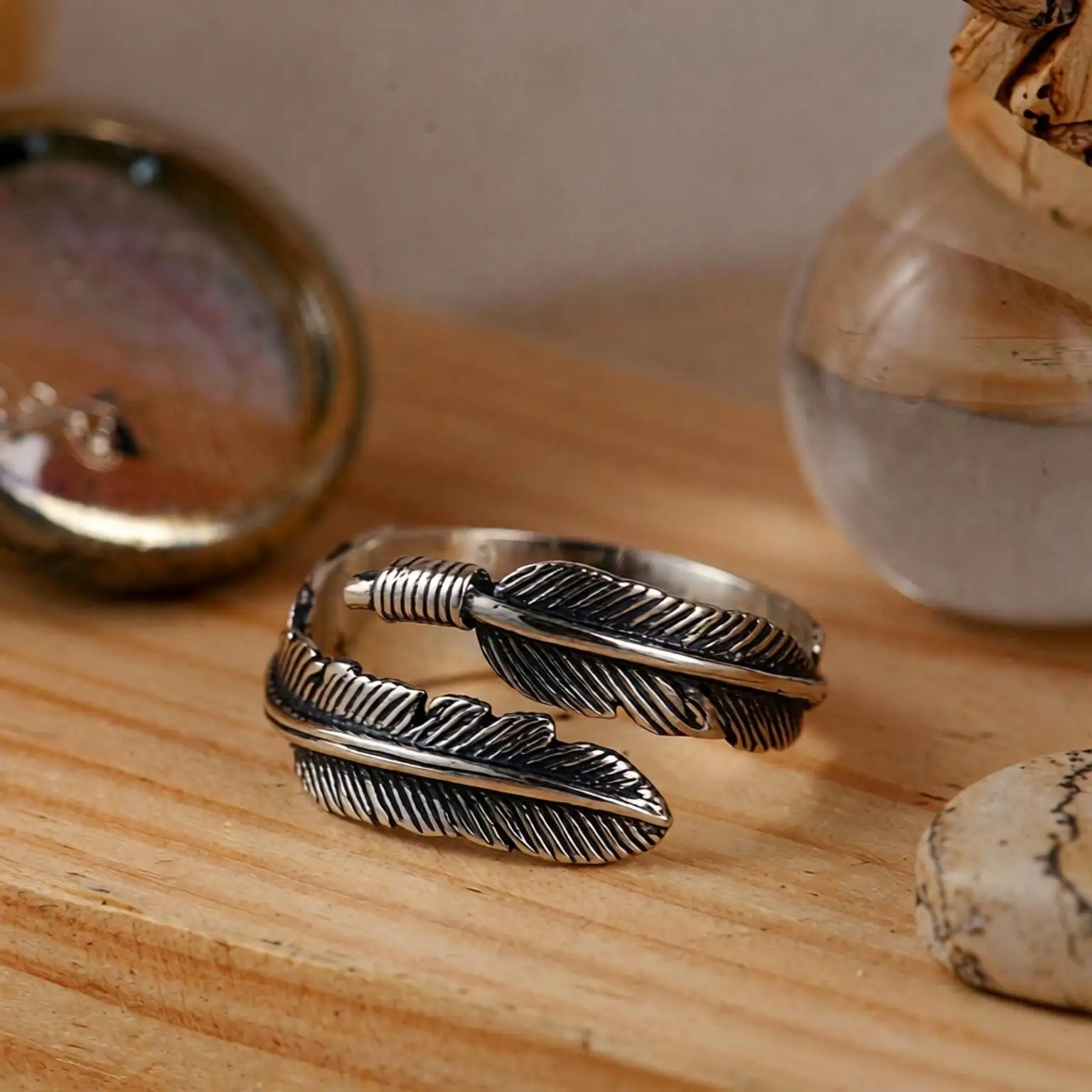 Vintage 925 Sterling Silver Tree Leaf Feather Open Adjustable Rings for Women Men Anniversary Party Jewelry Gifts Accessory