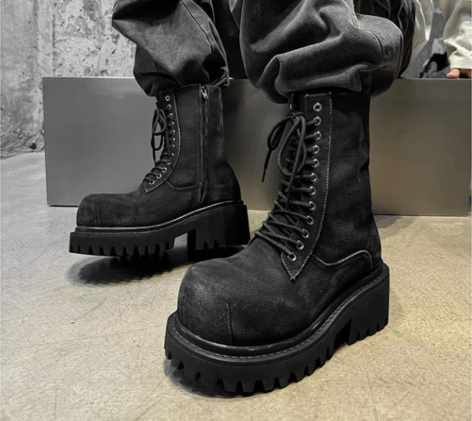 Black Street Style Round Toe Platform Knee-High Men Motorcycle Boots Chunky Middle Heels Lace Up Design Large Size Shoes