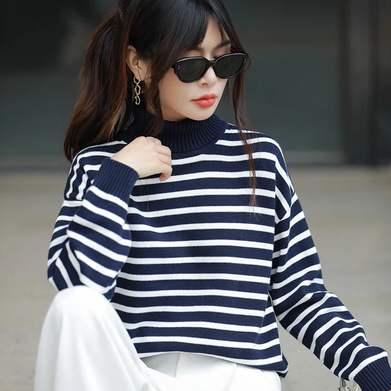 Outono e inverno novo algodão de malha listrado acolchoado camisola feminina lapela alta manga comprida casaco de fundo de algodão