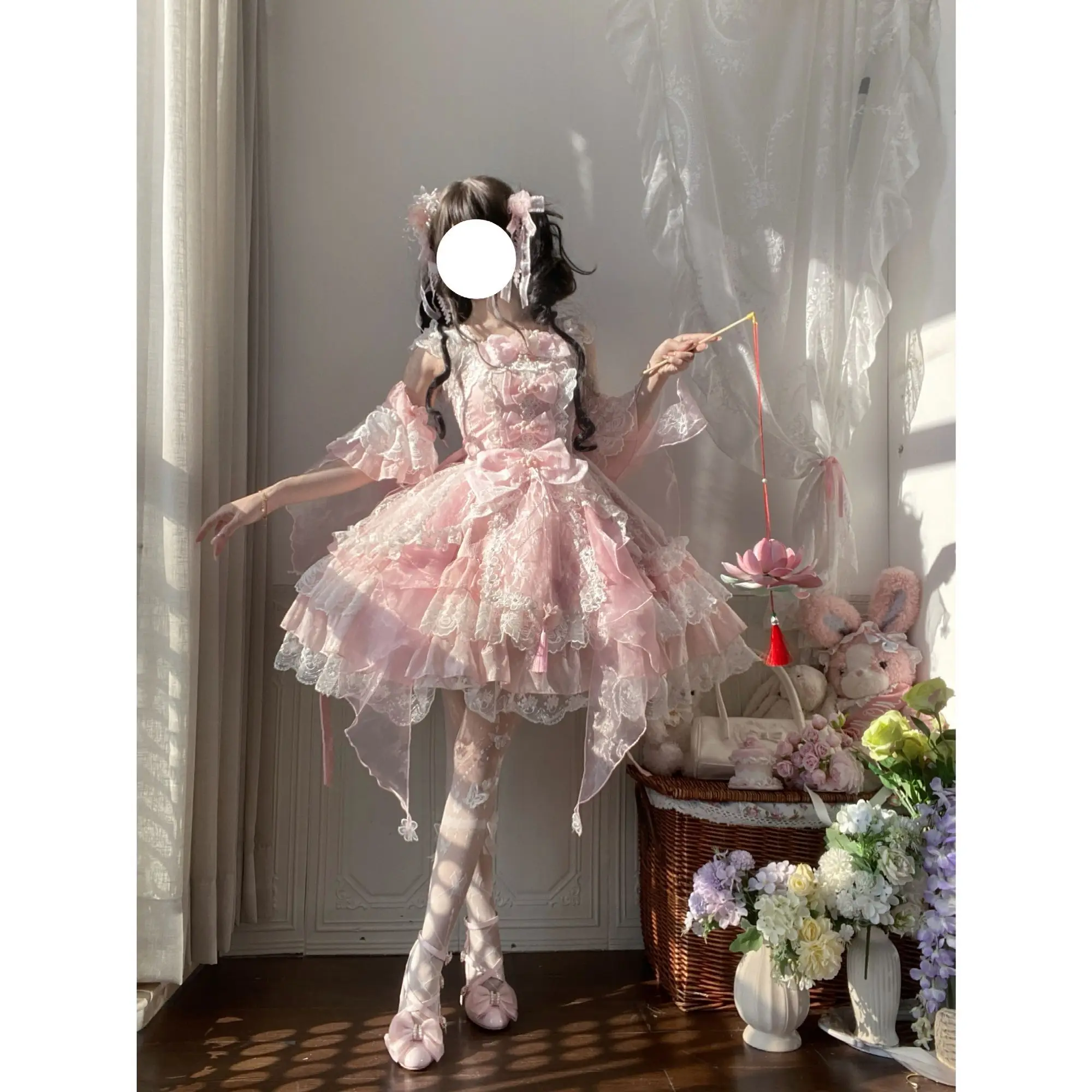 

[Spring Water Reflecting The Pear Blossoms]Girl Lolita JSK Strap Dress Pink Purple Lace Bownot Chinese Style Sweet Kawaii