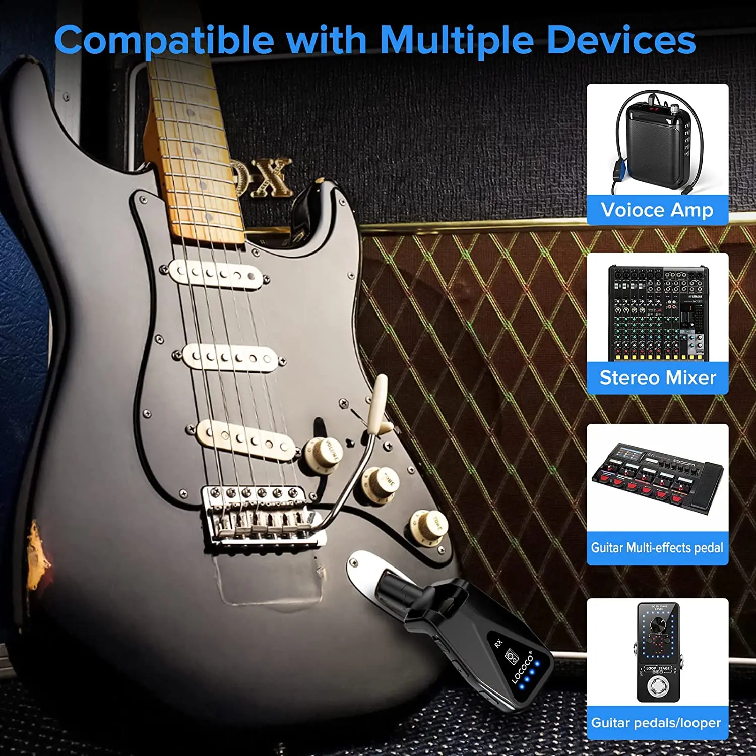 Wireless Transmitter Receiver UHF 4 Channels Rechargeable Audio Wireless Guitar System for Guitar Bass Electric Instruments