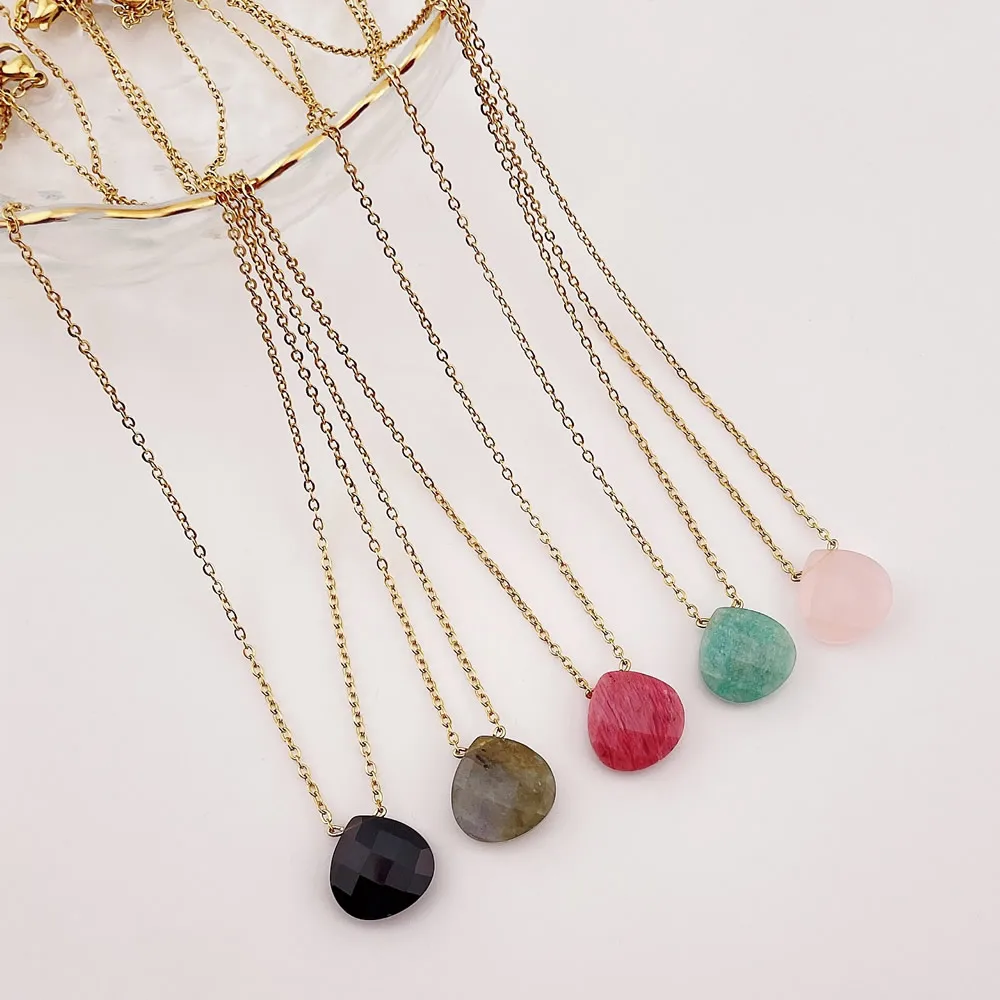 Korean Natural Crystal Pendant Necklace for Women Triangle Water Drop Real Amethysts Roses Quartz Steel Chain Crystal Necklace