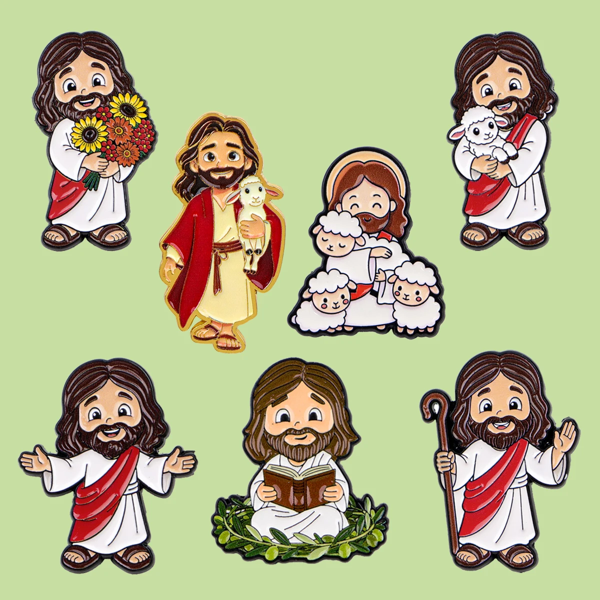 1-5pcs/Set Cute Jesus Themed Enamel Pin Cartoon Sheep Brooch Pines Lapel Pins Badge on Backpack Clothes Accessories Jewelry Gift