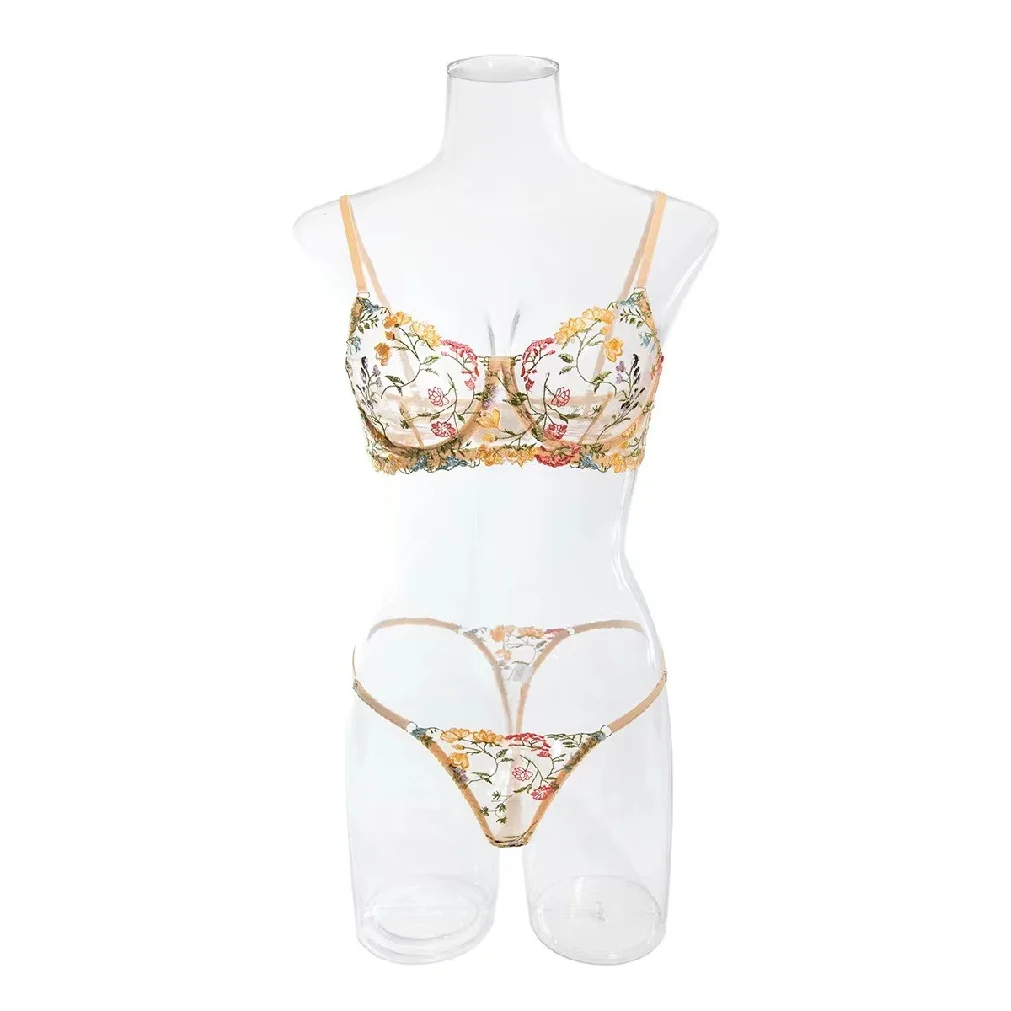 Sexy See-through Countryside Yellow Floral Bra And Thong Set Romantic Underwear for Women
