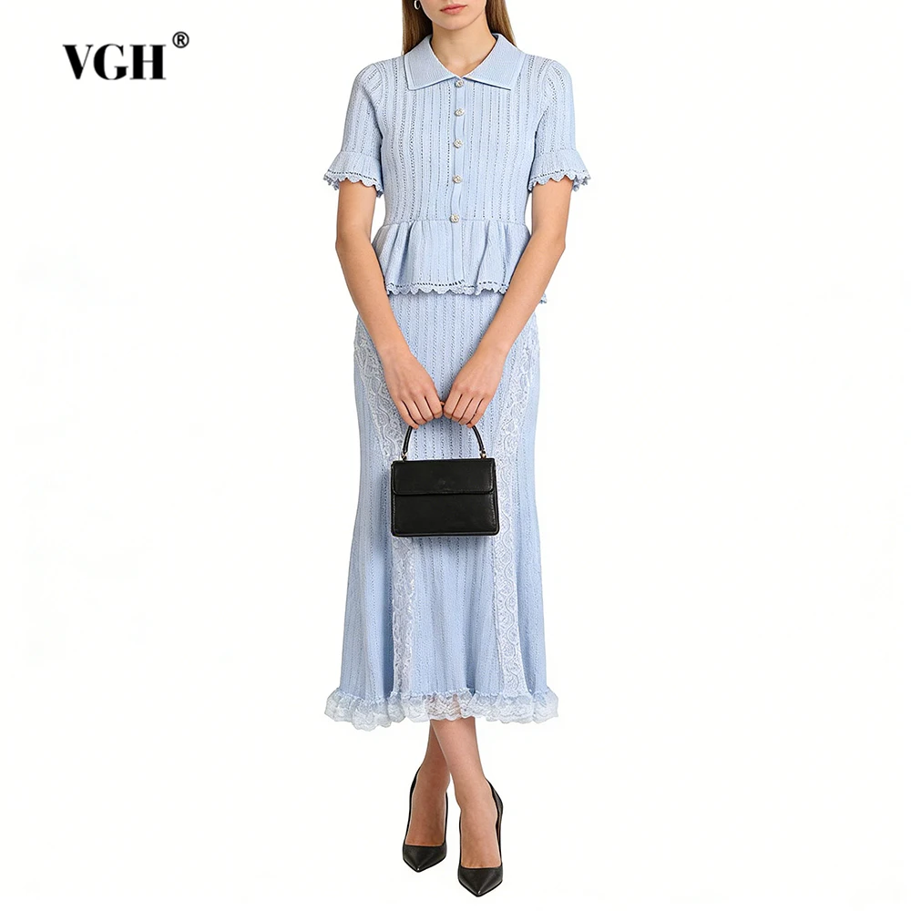 

Новый осенний шикарный комплект VGH: повседневный однотонный вязаный костюм-двойка для женщин – топ с отложным воротником и коротким рукавом, юбка с завышенной талией.