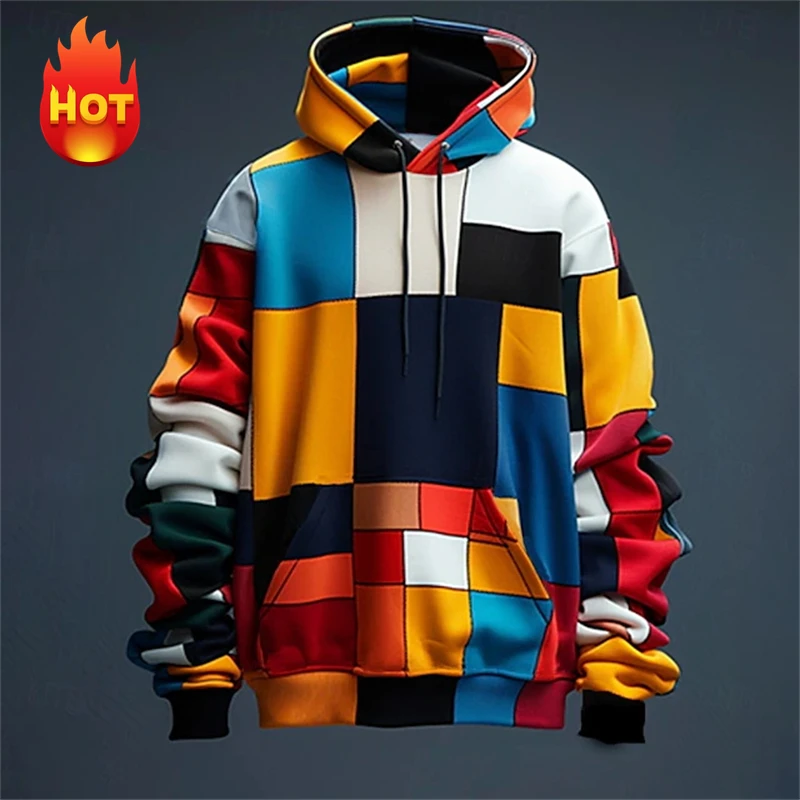 Y2K Men's Hoodie 3D Simulation Stitching Plaid Print Hooded Sweatshirts Pop Men Clothing Oversized Street New Designer Pullovers