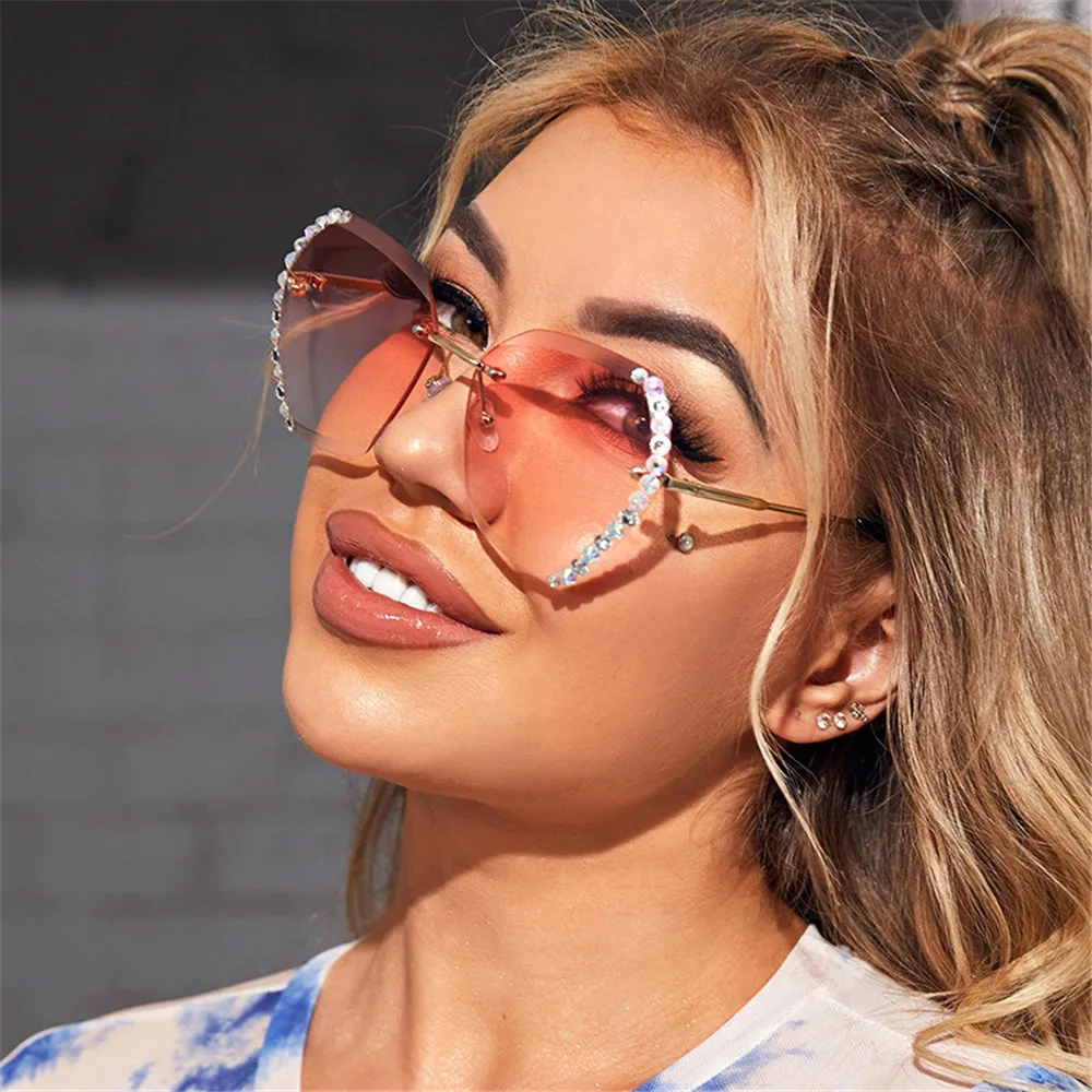 2024 Vintage Fashion Oversized Rimless Sunglasses Women Famous Luxury Brand Design Sexy Diamond Square Sun Glasses For Female