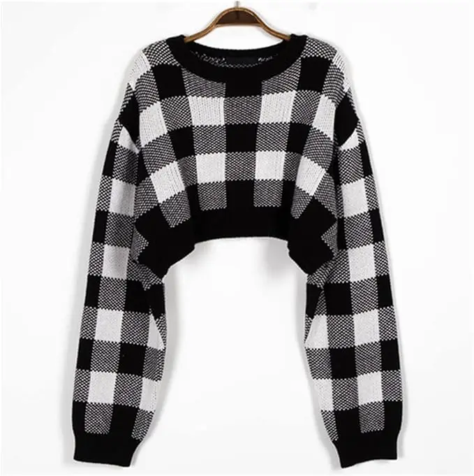 Pullovers Women Checkerboard Crop Knit Sweater Long Sleeve Crew Neck Box-fit Plaid Jumper Outfit