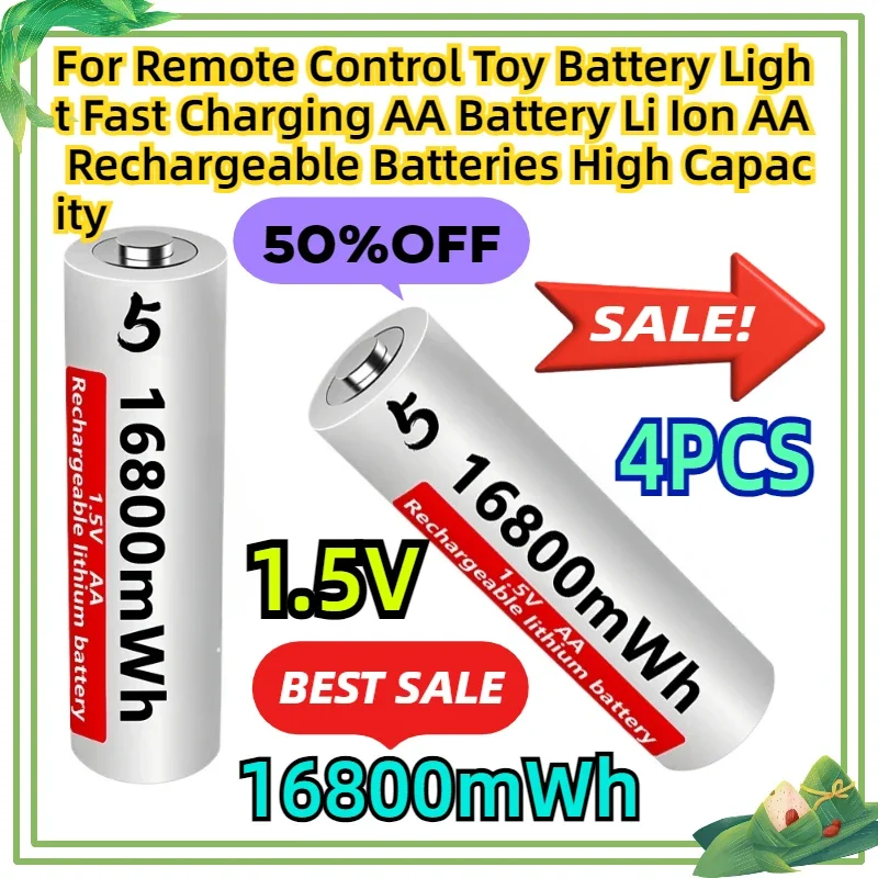 For Remote Control Toy Battery Light Fast Charging AA Battery 1.5V Li Ion AA Rechargeable Batteries High Capacity 16800mWh 4PCS