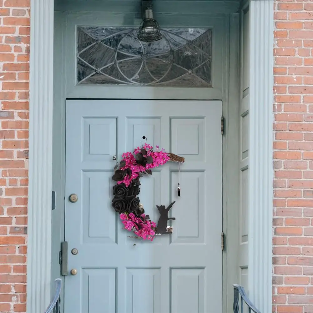 

Gothic Wreath Decoration Handmade Artificial Moon Cat Garland Halloween Door Hanging Decor for Indoor Outdoor Home Z6O1