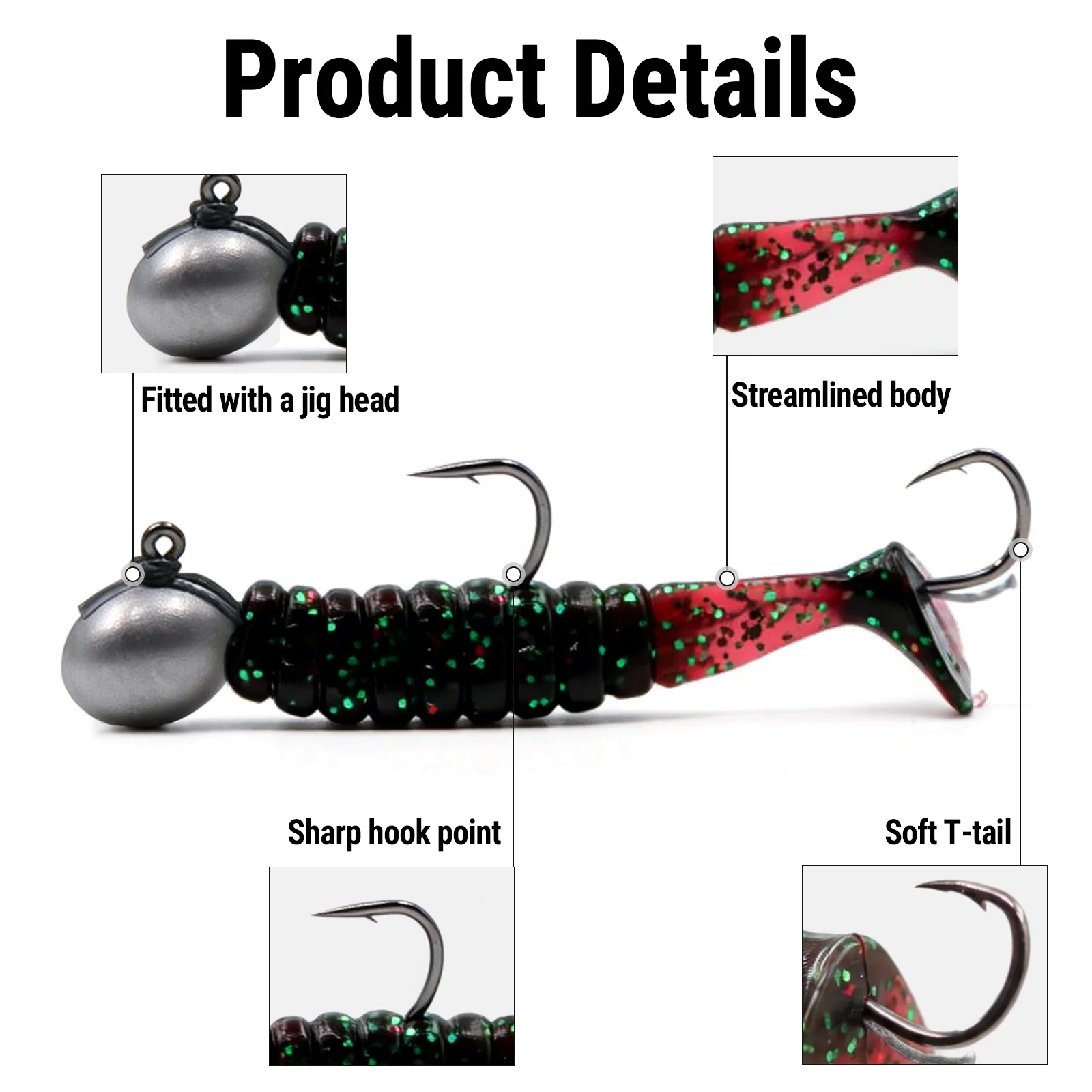 FishTrip 5PCS Set T-Tail Soft Bait with Double Barbed Hooks, Anti-Shedding Fishing Lure Kit for Freshwater & Saltwater